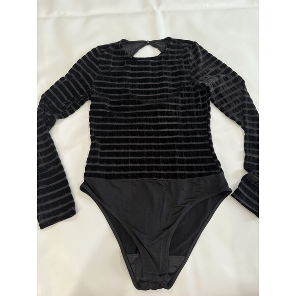 Desigual Velvet NWT Sz L Bodysuit Medium Striped Tulle Slim Stretch Back Keyhole - Picture 3 of 7